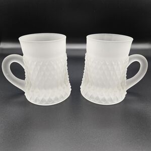 Vintage 1970s Indiana Glass Set of 2 Diamond Point Satin Frosted 8 oz Mugs